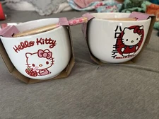 Hello Kitty Ramen Ceramic Bowls w/ Chopsticks - 20 oz And 16oz