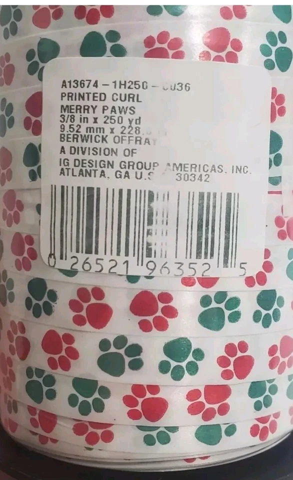 Ribbon Full Spool Paw Prints Dog Cat Green & Red Holiday Wrapping 3/8" X 250yd  - Image 2 of 4