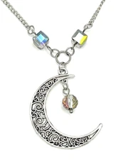 32" Crescent Moon Pendant Necklace with Colorful Austrian Crystals, Curb Chain
