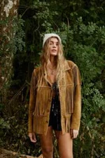 Women's Western Suede Fringe Jacket Studded Boho Cowgirl Coat Brown Vintage