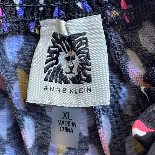 Anne Klein XL Blouse Black Geometric Mod Print Smocked Neck Flutter Sleeve Blue - Picture 10 of 14