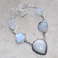925 Silver Plated Rainbow Moonstone Necklace 16" Office Wear Jewelry Trendy JW