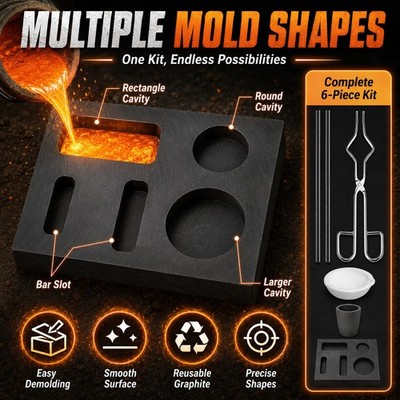 6Pack Graphite Ingot Mold Crucible Dish Tongs Rods Kit Gold Silver Copper Torch