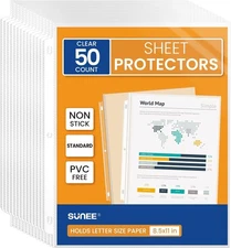SUNEE Sheet Protectors 50 Packs for 3 Ring Binder, PVC-Free Clear Page 