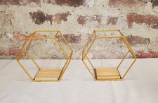 Gold Hexagon Floating Wall Shelves Set of 2 Geometric Metal Wood Display Decor