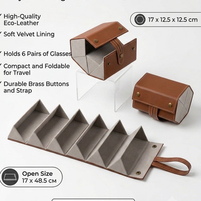 Foldable Faux Leather Glasses Organizer Case Holds 6 Pairs, Brown Velvet