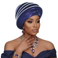 Islam's Headpiece Hat Wedding Party Auto Gele Diamonds Spiral Beret Turban Cap