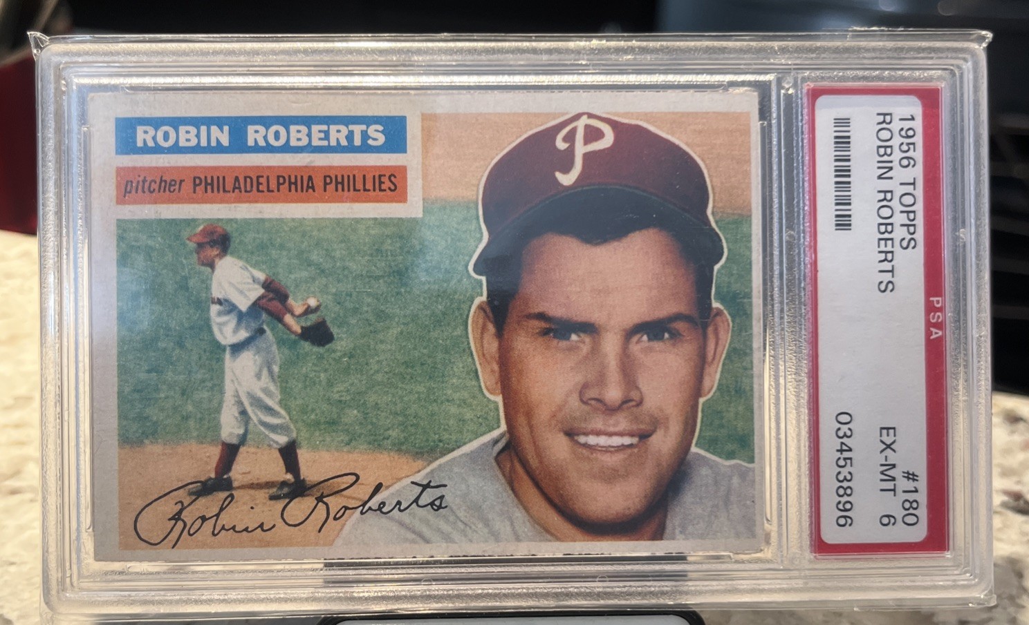 1956 Topps #180 Robin Roberts PSA 6 EX-MT Philadelphia Phillies Gray Back