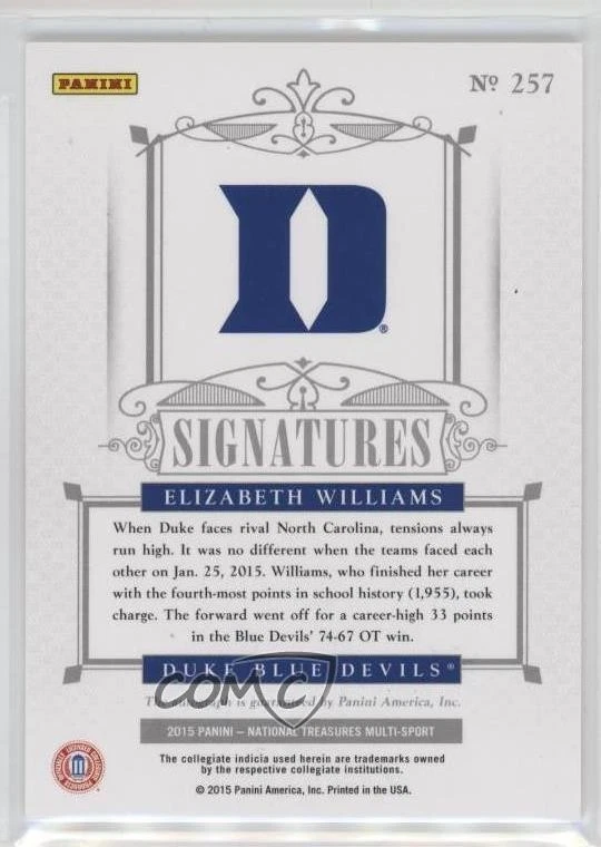 2015 National Treasures College Signatures /99 Elizabeth Williams Rookie Auto RC - Image 2 of 2