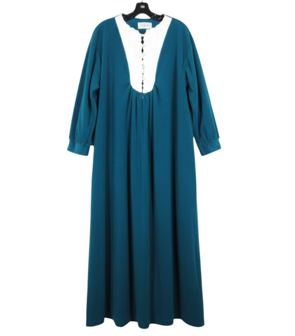 VTG VANITY FAIR Teal VELOUR Side Pockets PEARL BUTTONS EMBROIDERED Lounge ROBE L