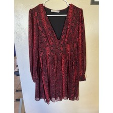 MICHAEL KORS Red Black Snakeskin Print V Neck Long Sleeve Babydoll Mini Dress M