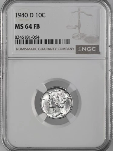 1940-D  10C  MERCURY SILVER DIME FULL BANDS NGC MS64 FB #8345181-064 SOME TONING