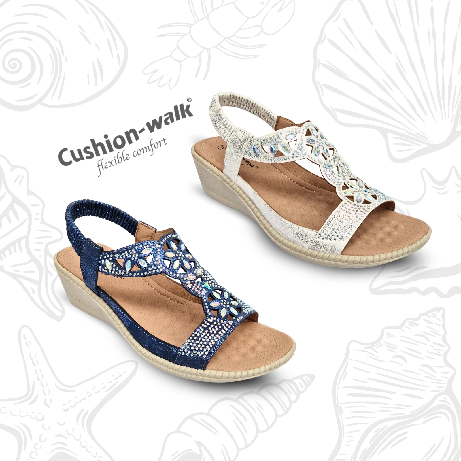 Womens Wide EEE Fit Slingback Sandals Cushion Walk Diamante Jewel Open Toe Shoes