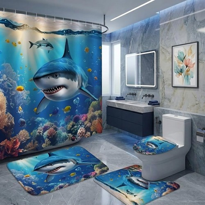 #ad Moonslim 4Pcs Shower Curtain Set Shark Blue Ocean Themed Bathroom Shower $46.65