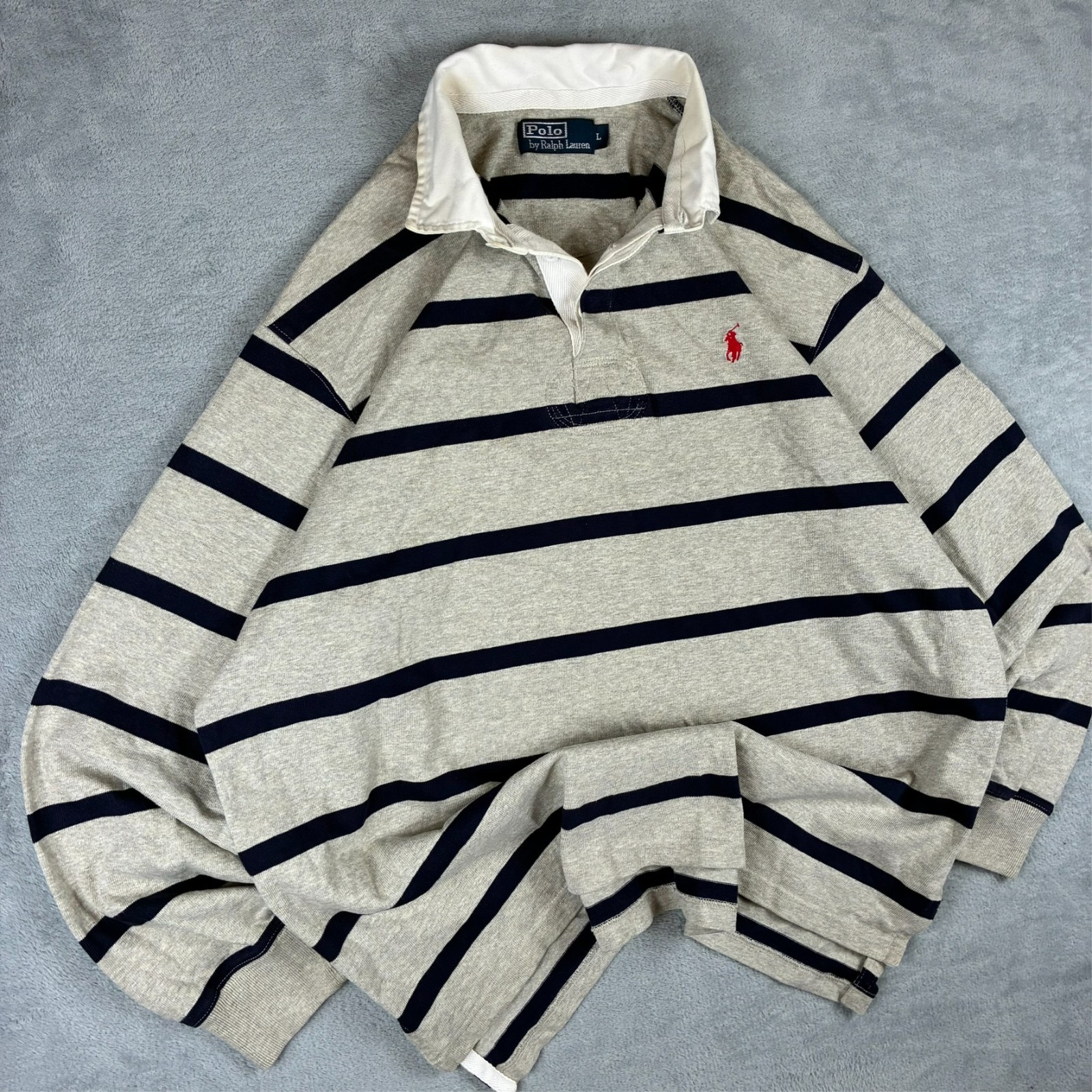 Vintage Polo Ralph Lauren 1990s Grey Navy Stripe Sz Large Rugby Shirt Sweatshirt image 2