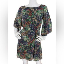 Alice + Olivia Multicolor Floral Silk Dress Bell Sleeves Elastic Waist Size XS