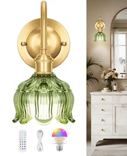 Vintage Battery Operated Wall Sconce, Green Flower Glass Lampshade Wireless S...