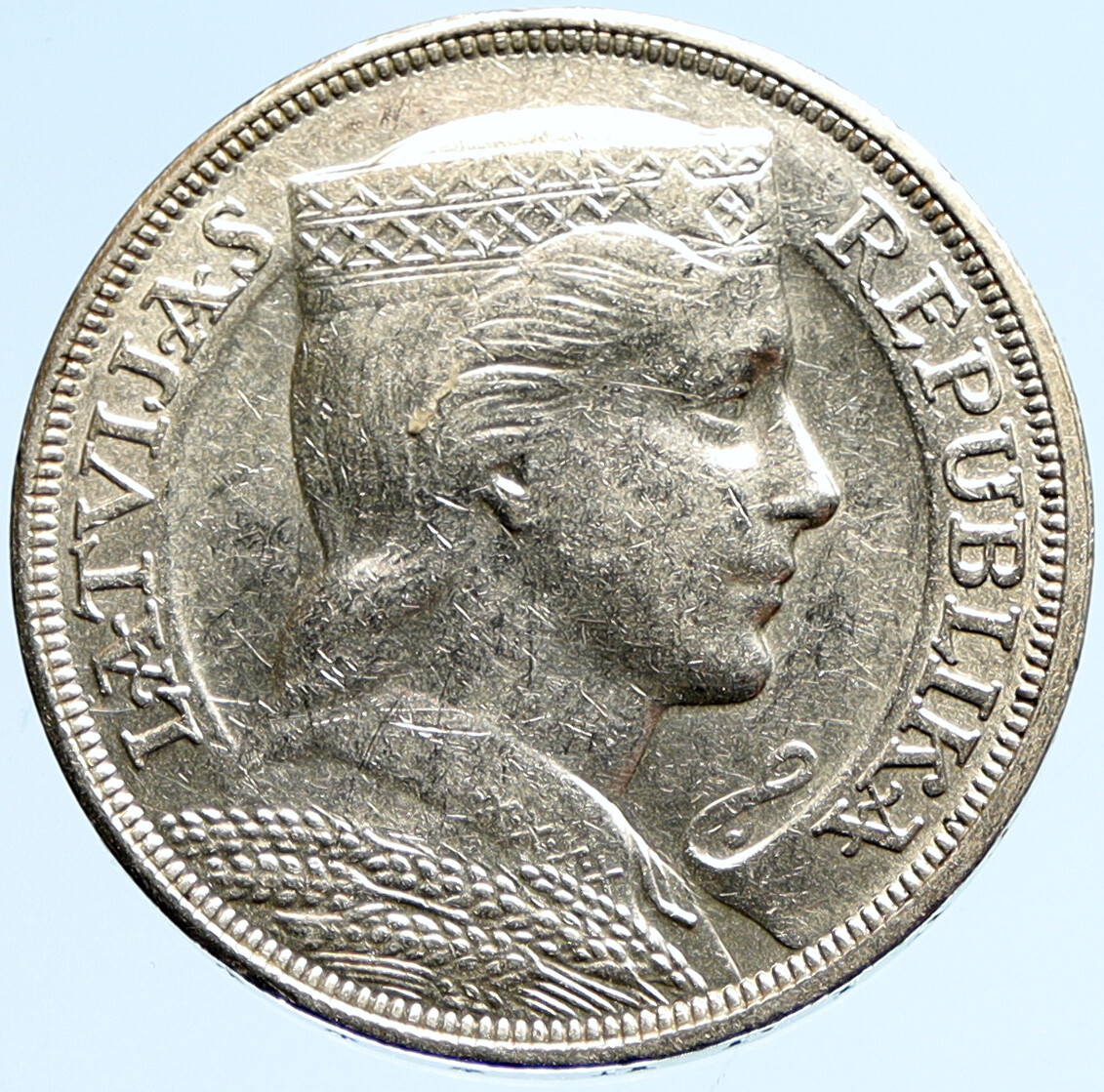 1931 LATVIA w Female Headwear 5 Lati LARGE Vintage Silver European