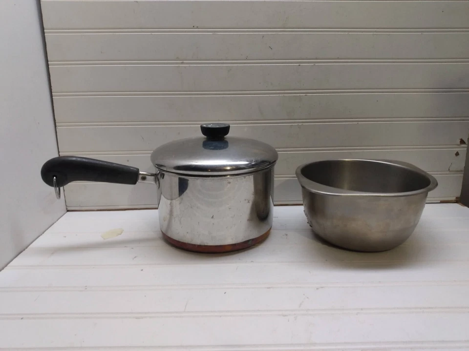 Revere Ware 3 Qt Saucepan Copper Steel Double Boiler Insert Mix Serve Bowl & Lid - Image 2 of 4