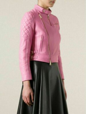 Women's Slim-fit Short Soft Pink Lambskin Leather Racer Motorcycle Jacket Biker