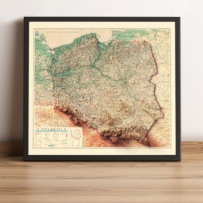 Poland Map, Poland 2D Relief Map, Poland Vintage Map - 2D Flat Print