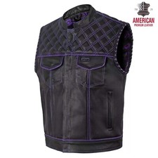 Men  s Black Leather Motorcycle Vest  Diamond Stitch, Concealed Carry Purple Linin