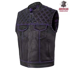 Men’s Black Leather Motorcycle Vest–Diamond Stitch, Concealed Carry Purple Linin