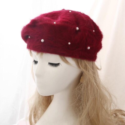 Lady Faux Fur Beret Hat Knit Beanie Cap Faux Pearl Bead Vintage Style Warm Plush