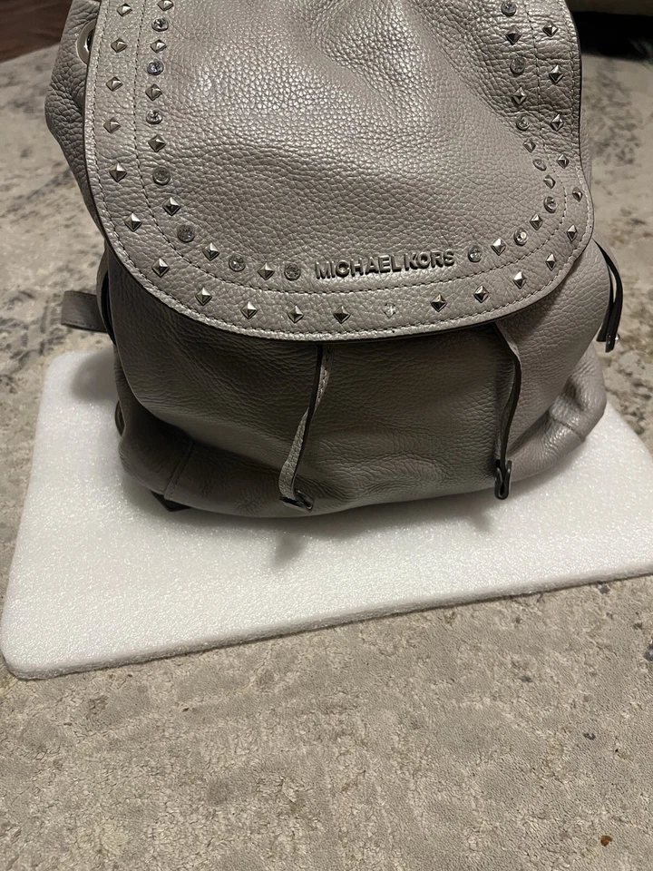 Michael Kors Riley rhinestone studded gray pebble drawstring leather backpack - Image 2 of 4