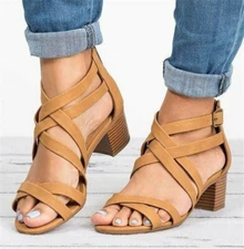 Womens Zip Peep Toe Cut Out Comfy Summer Mid Block Heel Sandals Shoes Sizes