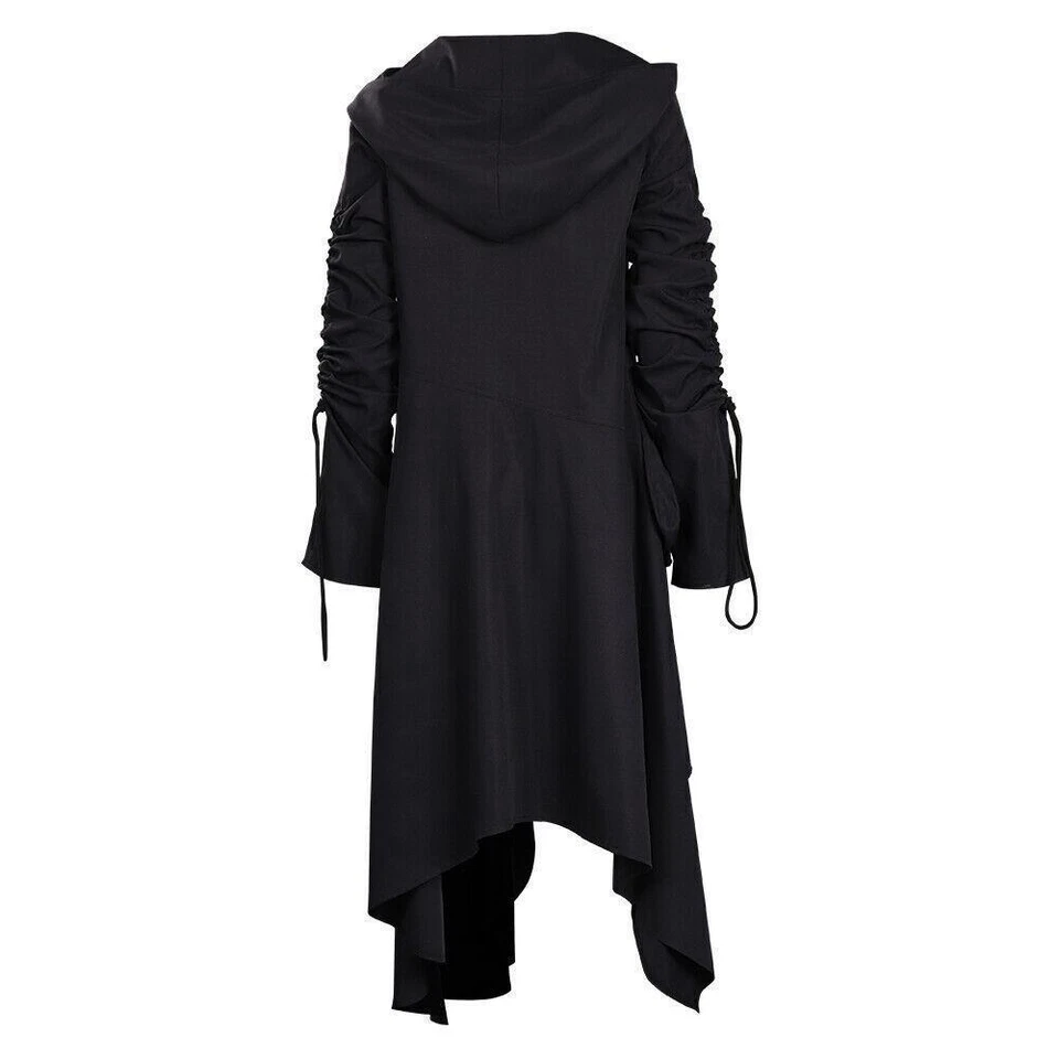 Black Hooded Long Jacket Cosplay Costume Coat Halloween Outfit Knight SUIT Coats - Image 3 of 4