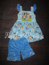NEW Boutique Bluey Girls Tunic Dress Ruffle Shorts Girls Outfit Set