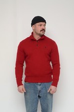 Ralph Lauren Vintage Men's Red Cotton Knitted High Neck Jumper Sweater Size S-M