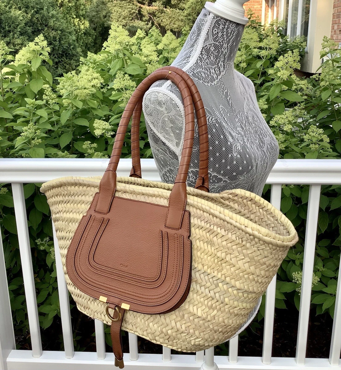 750 CHLOE MARCIE Raffia Medium Basket Shopper Tote Bag W Tan
