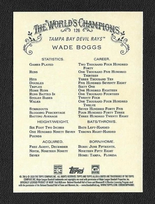 Wade Boggs Autograph Signed 2020 Topps Allen & Ginter Devil Rays Card #126 - COA - Image 2 of 2