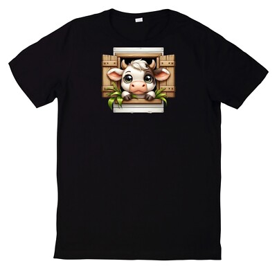 Cute Cow Looking Out Of A Wooden Window Motif Cotton T-Shirt