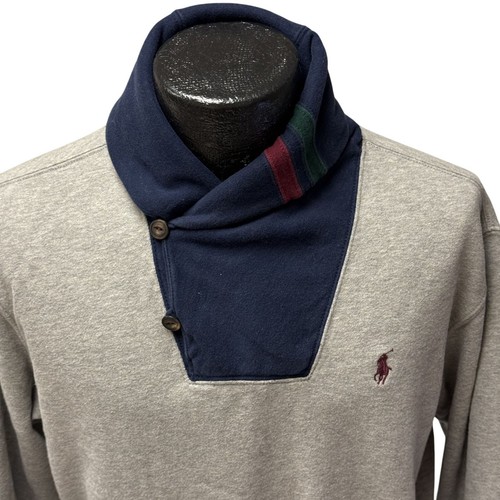 Vtg Y2K Ralph Lauren Gray Pullover Blue Shawl Collar Cotton POLO Logo Sweatshirt - Picture 3 of 9