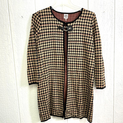 Anne Klein Hounds Tooth Red Black Brown Sweater Toggle Snap Sz L New Women Plaid