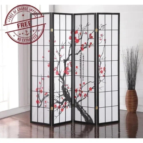 Roundhill Furniture Japanese 4-Panel Screen Room Divider, Plum Blossom -Black