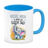 FröHlicher Cartoon Elefant RüSsel Hoch Kaffeebecher In Hellblau