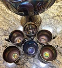 Antique 1910's Northwood Carnival Glass Peacock/Fountain Punch Bowl W/6 Cups