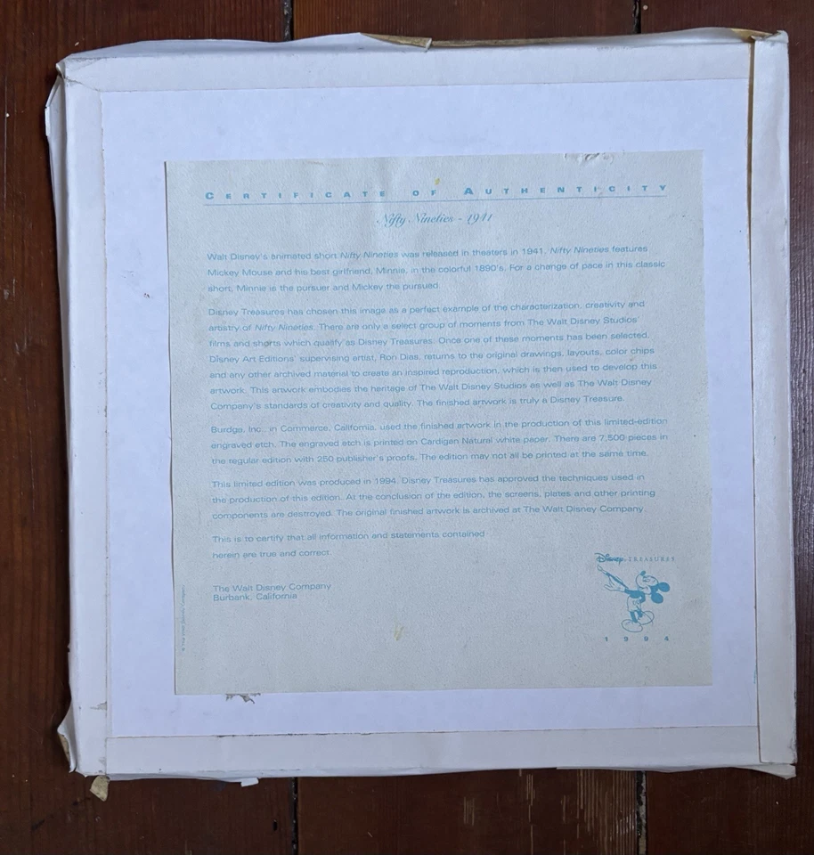 Disney Treasures Nifty Nineties Mickey & Minnie Engraved Etch Print COA/No Frame - Image 3 of 4
