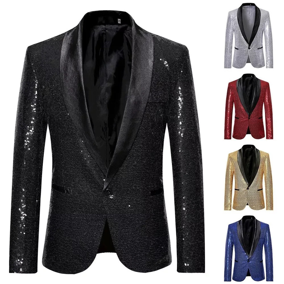 Chaqueta Blazer de Lentejuelas Brillantes para Hombres Club Nocturno Fiesta Traje Abrigo en Tallas M 2XL Reino Unido