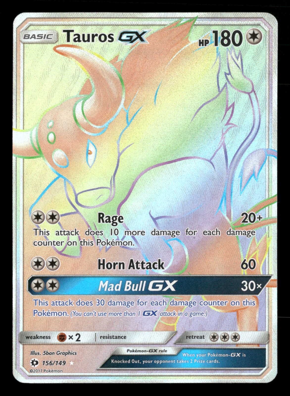 Tauros GX - 156/149 - Secret Rare - Sun & Moon Base - Pokemon Card - NM/M