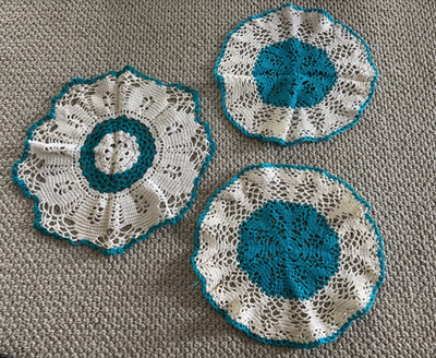 Lot 3 Handmade Cottage Lace Turquoise Crochet Doily Doilies White Blue 12-13''