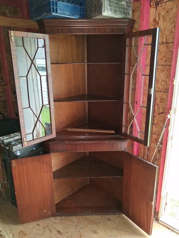 Brown Wood Freestanding Corner Cabinet, Glass Front Doors, 4 Doors 4 Shelves