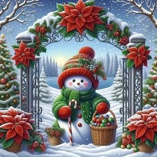 Winter Snowman Poinsettia 5D Diamond Painting Kit 13.8 Inch DIY Craft