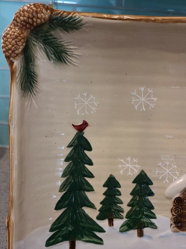 St. Nicholas Square Large Heartland Serving Platter Dish Cabin Pine Trees 11x11 - Picture 4 of 5