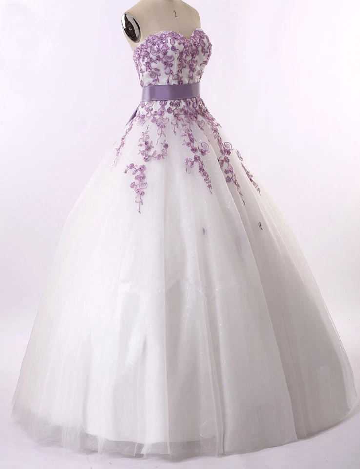 White Purple Florals Lace Wedding Dresses Strapless Lace Up Back Plus Size Gown - Image 3 of 4