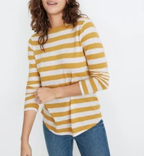 MADEWELL WOMEN'S MUSTARD STRIPED RIB-CREWNECK COTTON WHISPER RINGER TEE Sz S